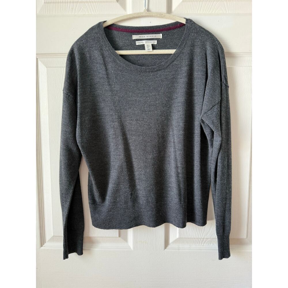 Max Studio Gray Merino Wool Ballet Neck Sweater Womens Large Minimalist Capsule